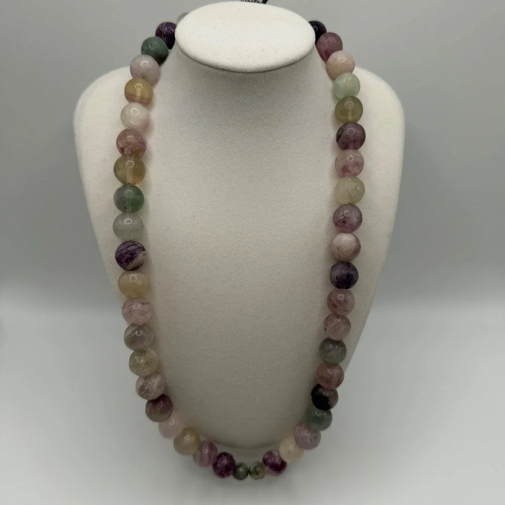 Natural Fluorite Gemstone Bead Necklace Purple‎ Green Translucent Round Elegant